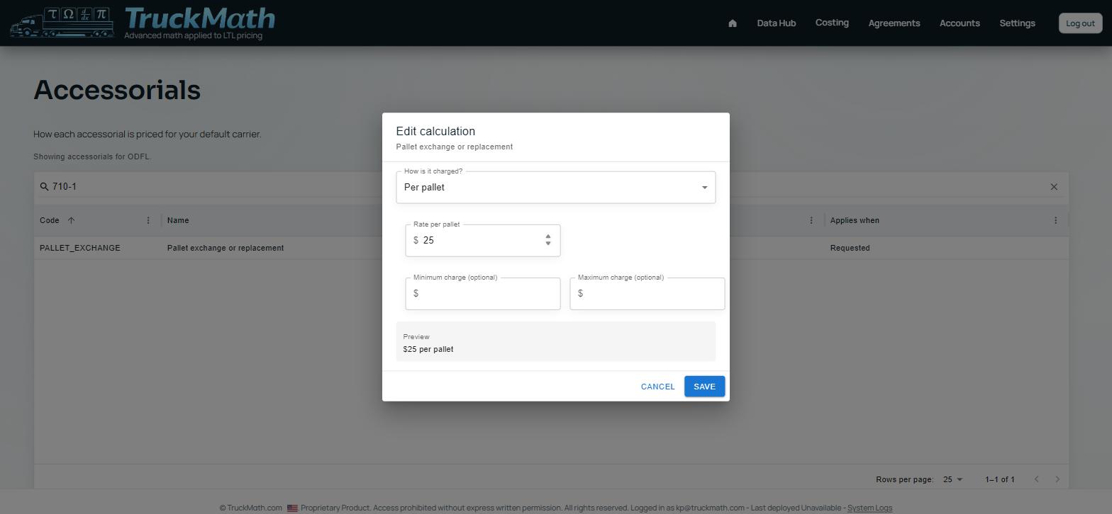Edit-calculation dialog for the Per pallet charge type — Pallet exchange or replacement — Item 710-1, $25 per pallet