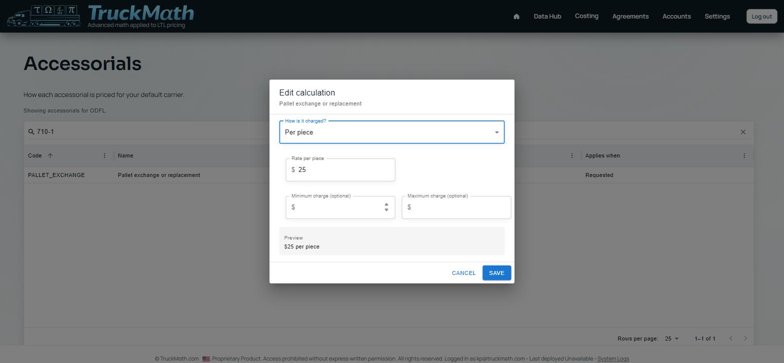 Edit-calculation dialog for the Per piece charge type — Illustrative — no live rule is currently priced this way