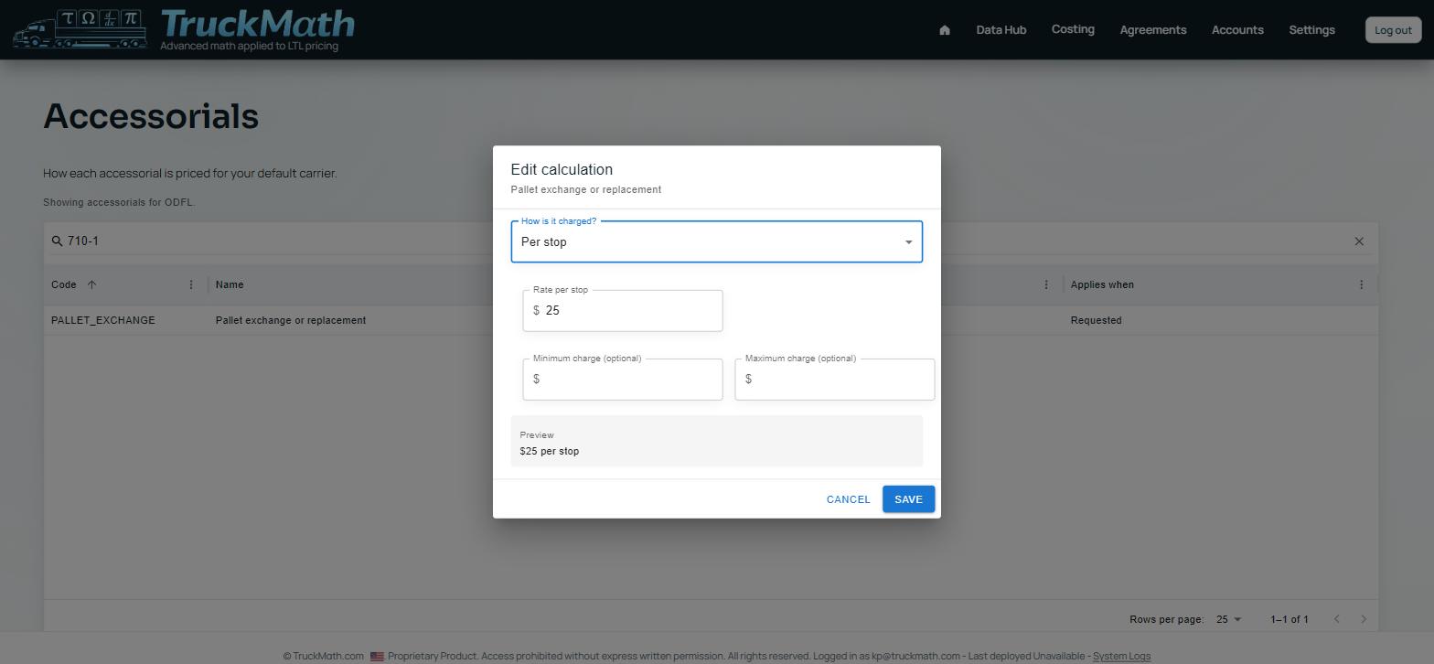 Edit-calculation dialog for the Per stop charge type — Illustrative — no live rule is currently priced this way