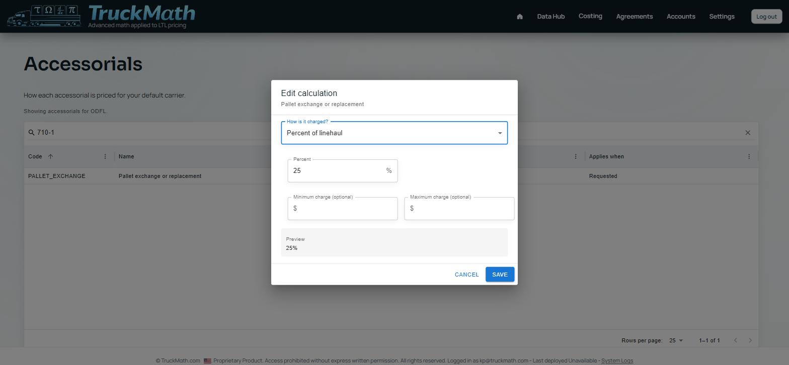 Edit-calculation dialog for the Percent of linehaul charge type — Illustrative — no live rule is currently priced this way