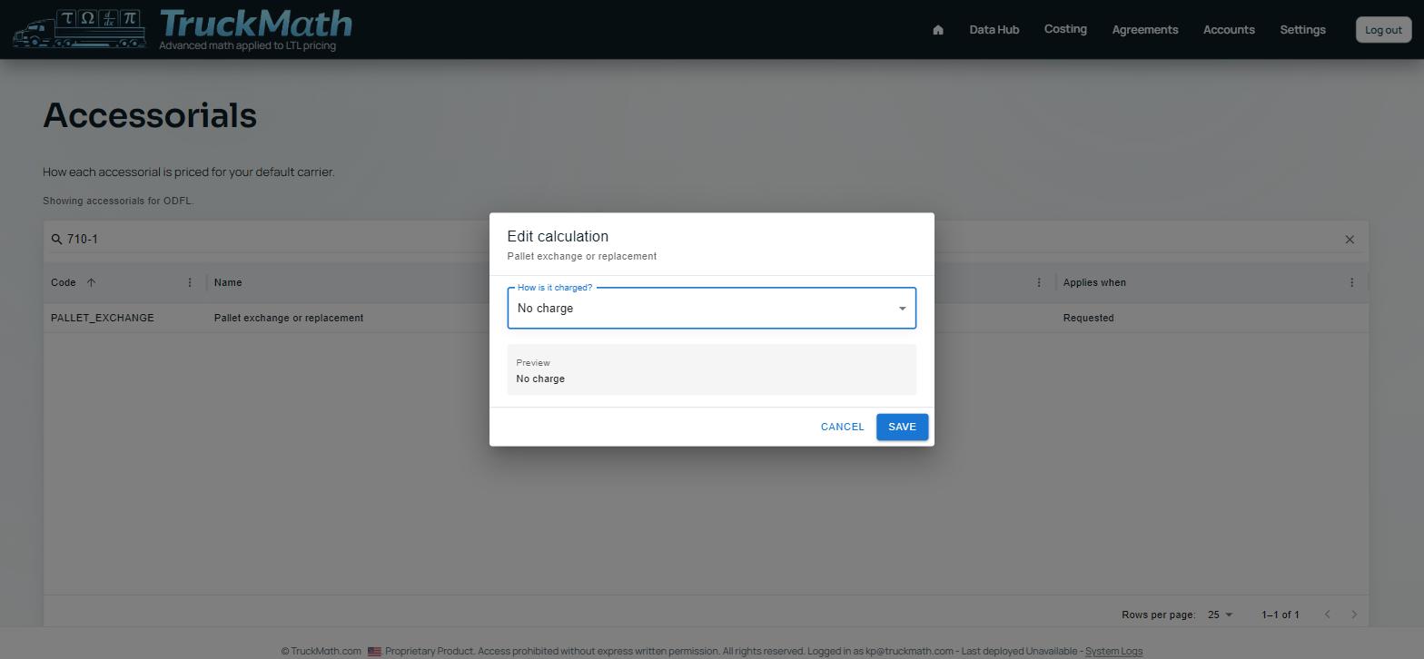 Edit-calculation dialog for the No charge charge type — Illustrative — no live rule is currently priced this way
