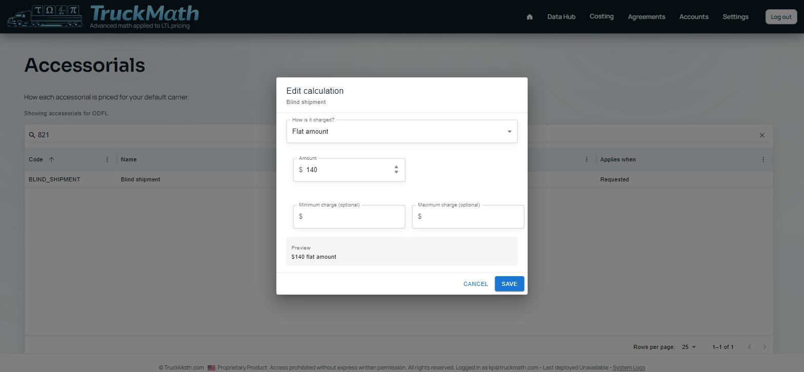 Edit-calculation dialog for the Flat amount charge type — Blind shipment — Item 821, $140 flat