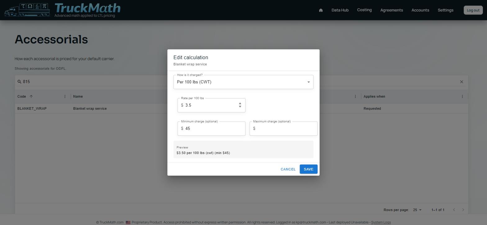 Edit-calculation dialog for the Per 100 lbs (CWT) charge type — Blanket wrap service — Item 815, $3.50 per 100 lbs (min $45)