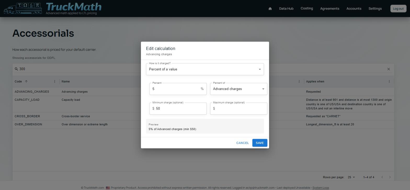 Edit-calculation dialog for the Percent of a value charge type — Advancing charges — Item 300, 5% of advanced charges (min $50)