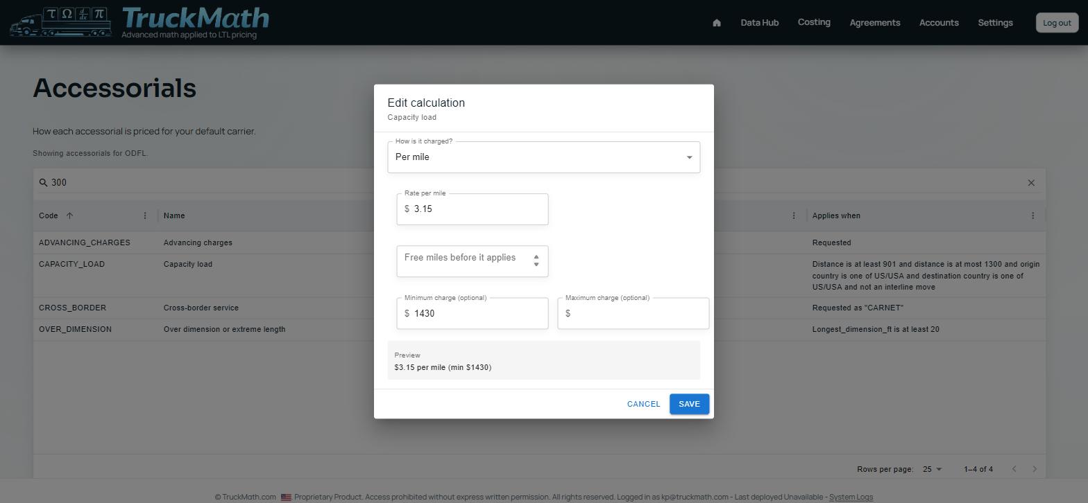 Edit-calculation dialog for the Per mile charge type — Capacity load — Item 390, $3.15 per mile (min $1,430)