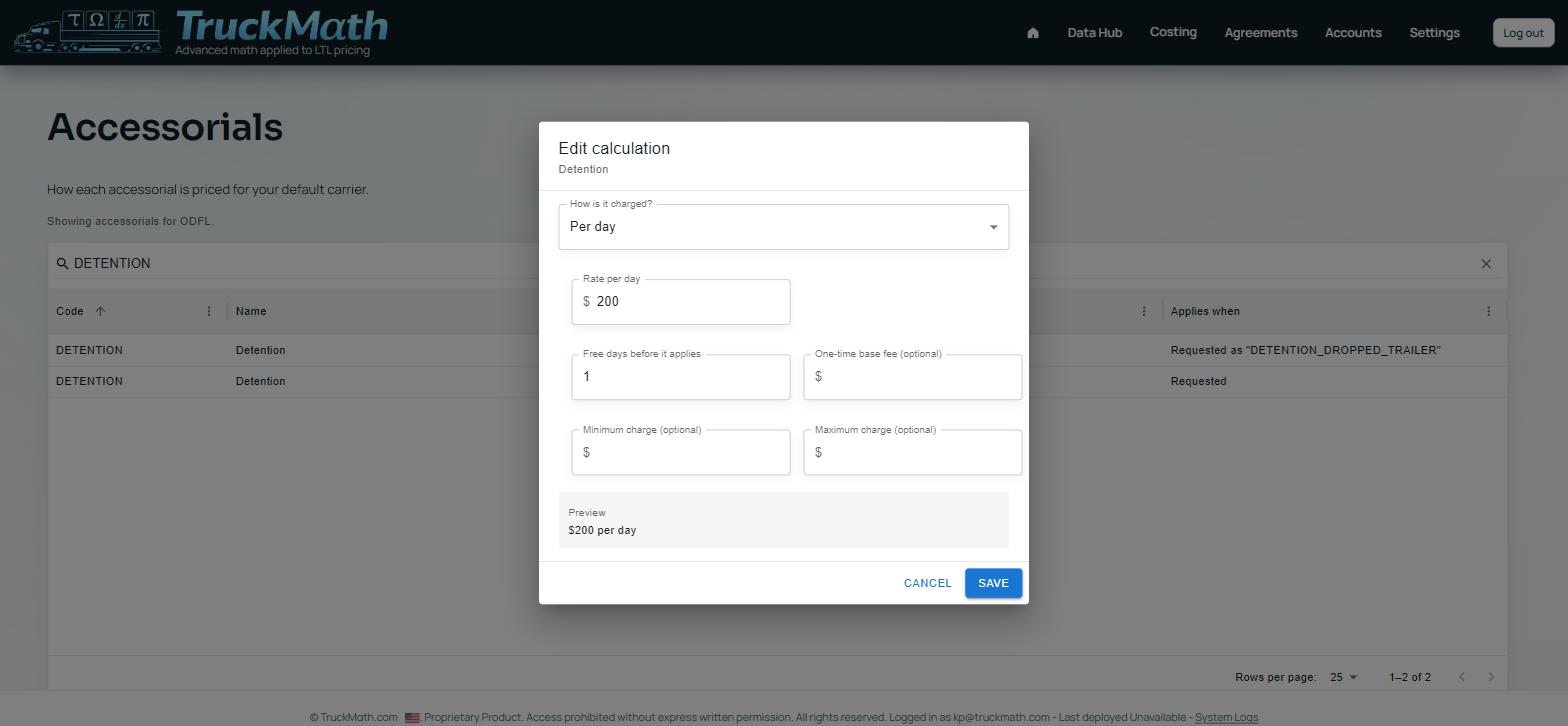 Edit-calculation dialog for the Per day charge type — Detention — Item 501, $200 per day (1 day free)