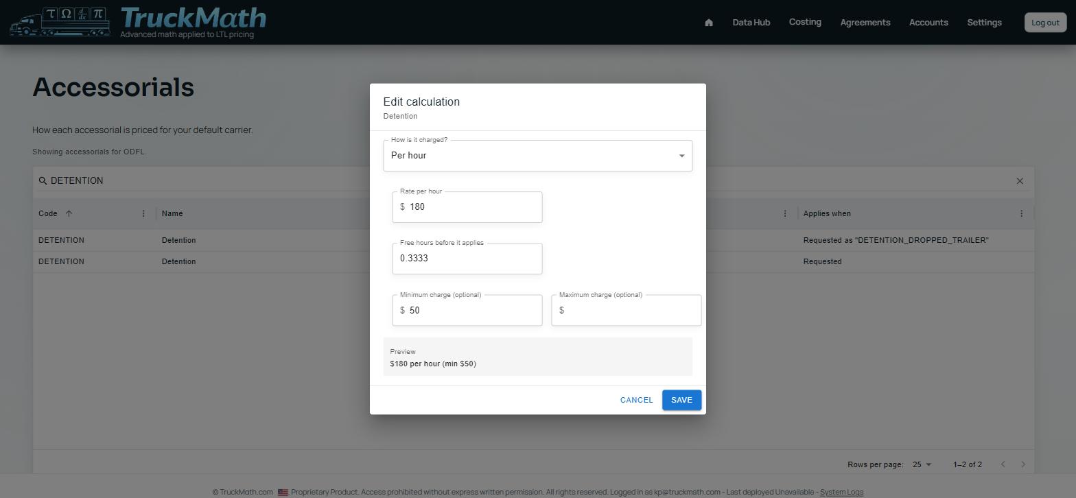 Edit-calculation dialog for the Per hour charge type — Detention — Item 502, $180 per hour (20 min free, min $50)