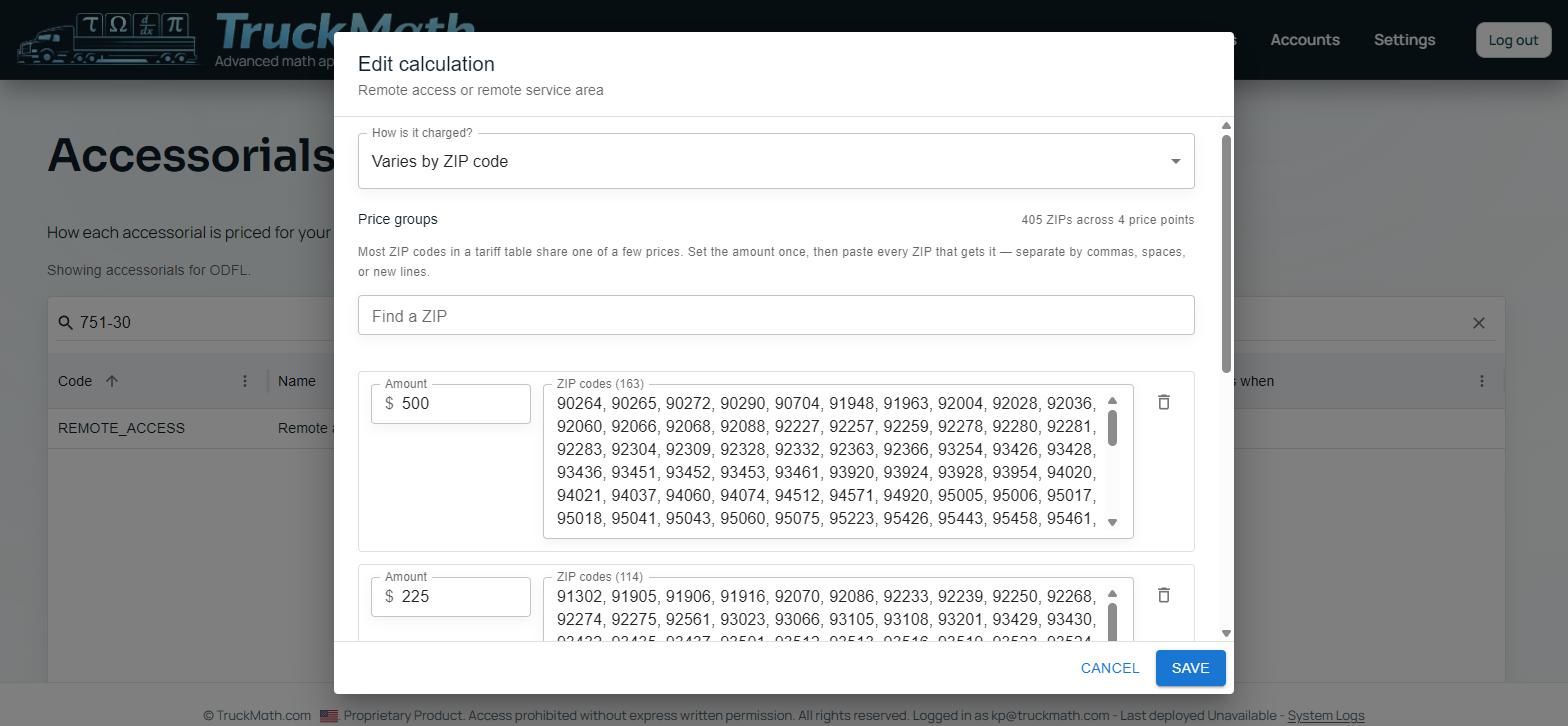 ZIP-table editor showing 405 ZIPs grouped into 4 price points — Remote access / remote service area, Item 751-30